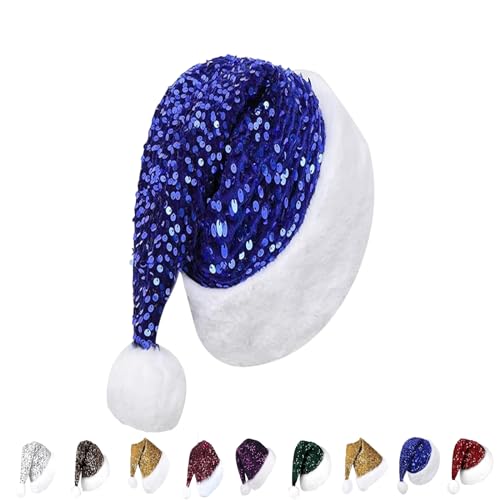 Blaue Pailletten-Weihnachtsmütze für Kinder, Erwachsene, 30 x 45 cm, luxuriöse Weihnachtsmütze, Plüsch-Weihnachtsmannmütze, Unisex, Weihnachtsmannmütze, Weihnachtsmannmütze, Kostüm, Geschenke für von YAAVAAW