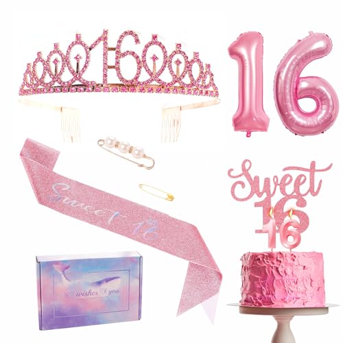Rosa 16 Geburtstag Dekorationen Mädchen 16 Geburtstag Schärpe Tiara Set Party Schärpe Krone Kuchen Topper Folienballons Kerzen Rosa 16 Geburtstag Dekorationen Mädchen 16 Geburtstag Schärpe Tiara Set Party Schärpe Krone Kuchen Topper Folienballons Kerzen von YAAVAAW