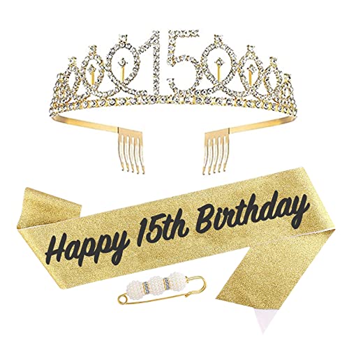 Schärpe und Tiara zum 15. Geburtstag für Mädchen, goldfarbenes Kronen-Kostüm-Set zum 15. Geburtstag, Strass-Geburtstagskrone und Schultergurt für sie 15. Geburtstag, Dekoration, Party-Zubehör von YAAVAAW