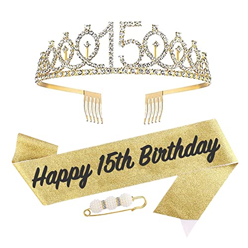 Schärpe und Tiara zum 15. Geburtstag für Mädchen, goldfarbenes Kronen-Kostüm-Set zum 15. Geburtstag, Strass-Geburtstagskrone und Schultergurt für sie 15. Geburtstag, Dekoration, Party-Zubehör Schärpe und Tiara zum 15. Geburtstag für Mädchen, goldfarbenes Kronen-Kostüm-Set zum 15. Geburtstag, Strass-Geburtstagskrone und Schultergurt für sie 15. Geburtstag, Dekoration, Party-Zubehör von YAAVAAW