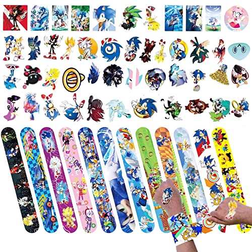 YAAVAAW Slap Bracelets for Kids Slap Bands Wristband Party Favors Snap Bracelets Bulk for Boys Girls Birthday Gifts Toys Party Bag Fillers (Sonic Slap Band+Sticker) von YAAVAAW