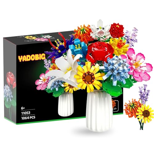 YADOBIG Blumenstrauß Bausatz, 1064 Stück Blumen Bauspielzeugset, Botanical Kollektion Bauklötze Pflanzen Home Deko, Blumenstrauß Bausteine für Mädchen Geburtstag Erwachsene Valentinstag von YADOBIG