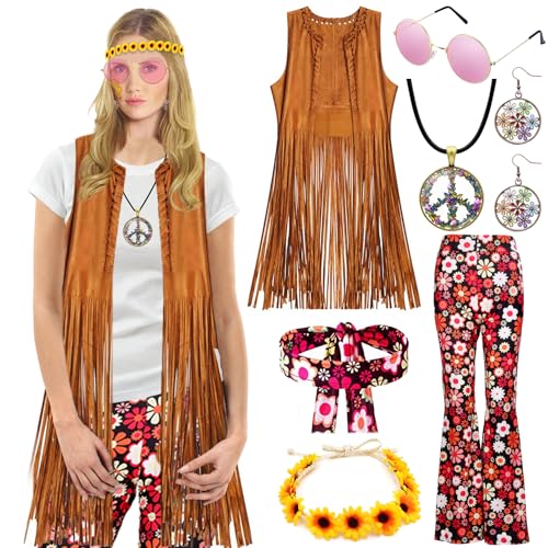 60er 70er Jahre Hippie Kostüm Damen Set mit Fransenweste Schlaghose Damen 70er Hippie Accessoires Hippie Kleidung Damen Kostüm 70er Jahre Bekleidung Damen Disco Outfit Faschingskostüm Mädchen (L) von YADODO