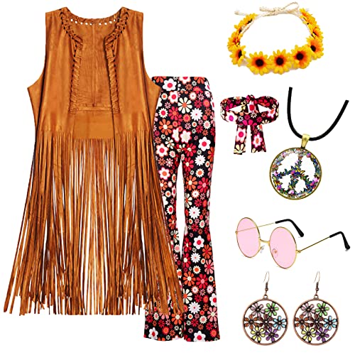 60er 70er Jahre Hippie Kostüm Damen Set mit Fransenweste Schlaghose Damen 70er Hippie Accessoires Hippie Kleidung Damen Kostüm 70er Jahre Bekleidung Damen Disco Outfit Faschingskostüm Mädchen (L) von YADODO