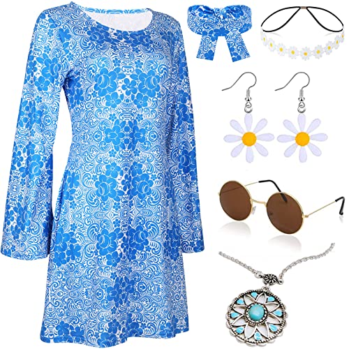 YADODO 60er 70er Jahre Bekleidung Damen Hippie Kostüm Damen Accessoires 70er kostüm Damen Kleid Disco Hippie Kleidung Damen Kostüm Flower 70er Mode Outfit karnevals Faschingskostüm Damen(XL) von YADODO