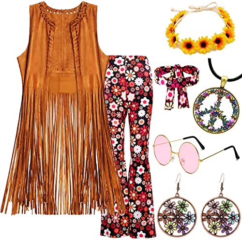 70er Jahre Verkleidung Frauen Hippie Kostüm Fransen Weste & Schlaghose Frauen Set mit 70er Jahre Accessoires Damen Abba Verkleidung Kostüm Disco Outfits 70er 60er Jahre Verkleidung für Frauen von YADODO