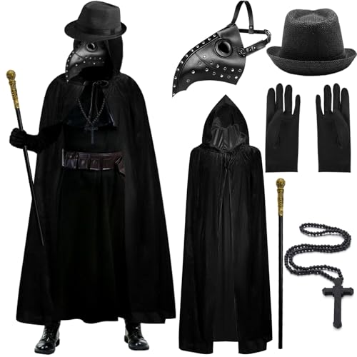 Halloween-Kostüm für Erwachsene, Herren, Damen, Kinder, 11-12-13-14 Jahre, mit Pest-Ärzte, Maske, Stange, Zylinder, Pestarzt, Outfit, Umhang, Robe, Kapuze, Krähe, Steampunk, Schrei-Kostüm, Verkleidung von YADODO