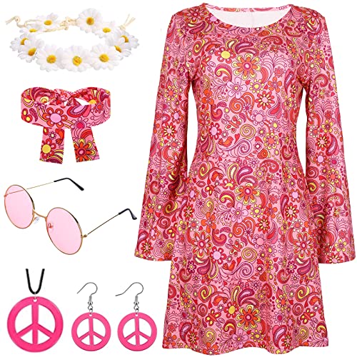 YADODO Hippie Kleidung Damen 60er 70er Jahre Hippie kostüm Damen Kleid und Hippie Accessoires 70er Jahre Bekleidung Damen Disco Fever Kleidung Girl Damen Kleid für Karneval Motto-Party (XXL) von YADODO