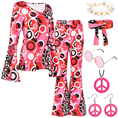 Hippie Kleidung Damen Set mit Hippie Oberteil Schlaghose Damen Accessoires 60er 70er Bekleidung Damen Hippie Kostüm Damen Disco Outfit 70er Mode Flower Power Kleidung Damen Faschingskostüm(XXL) von YADODO