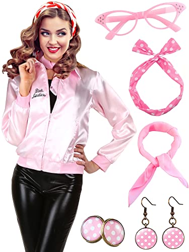 Pinke Jacke für Damen, Kostüm, rosa Jacken für Damen, Erwachsene, Kostüm-Kostüme für Damen, rosa Outfit & 1950er-Jahre Zubehör, rosa Brille, rosa Ohrringe für Teenager-Mädchen, rosa Jacke, Top-Set (L) Pinke Jacke für Damen, Kostüm, rosa Jacken für Damen, Erwachsene, Kostüm-Kostüme für Damen, rosa Outfit & 1950er-Jahre Zubehör, rosa Brille, rosa Ohrringe für Teenager-Mädchen, rosa Jacke, Top-Set (L) von YADODO