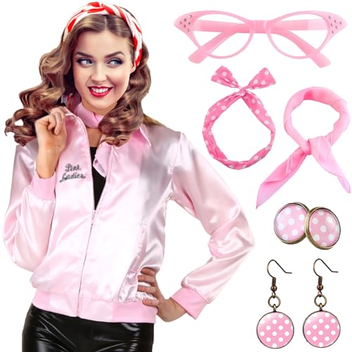 Pinke Jacke für Damen, Kostüm, rosa Jacken für Damen, Erwachsene, Kostüm-Kostüme für Damen, rosa Outfit & 1950er-Jahre Zubehör, rosa Brille, rosa Ohrringe für Teenager-Mädchen, rosa Jacke, Top-Set (L) von YADODO