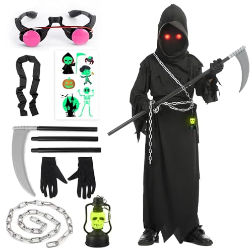 Sensenmann Kostüm Kinder Jungen 110 116 122 128 mit Sense Brille ketten Handschuhen Gruselig Halloween Kostüm Sensenmann Kinder Grim Reaper Scream Kostüm Kinder Schwarzer Sensenmann Umhang mit Kapuze Sensenmann Kostüm Kinder Jungen 110 116 122 128 mit Sense Brille ketten Handschuhen Gruselig Halloween Kostüm Sensenmann Kinder Grim Reaper Scream Kostüm Kinder Schwarzer Sensenmann Umhang mit Kapuze von YADODO