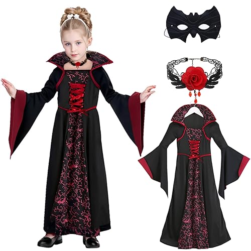 Vampir Kostüm Mädchen Kleid 116 122 mit Mask Halskette Halloween Kostüm Kinder Vampir Kleid Mädchen Vampirkostüm Kind Mädchen Kapuzen Royal Gothic Vampirin Kleid Mädchen Vampir Kostüm Kinder Halloween von YADODO