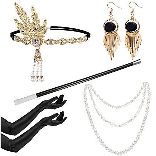 YADODO 20er Jahre Accessoires Set - 5 Stück Gatsby Kopfschmuck, Lange Handschuhe, Ohrringe, Halsketten - 1920er Damen Kostüm für Karneval und Fasching von YADODO