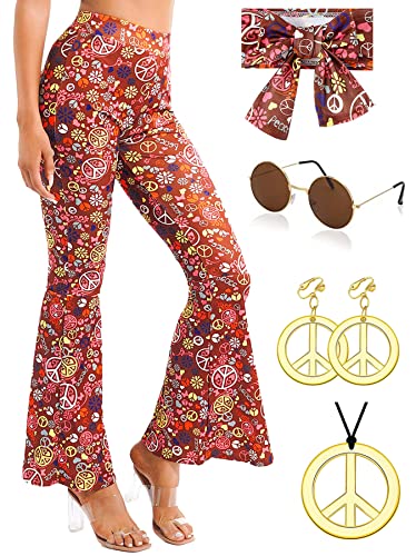 YADODO 70er Jahre Damenhose Hippie Kostüm Damen Disco Hosen Set Hippie kleidung Damen Mädchen FaschingSkostüme 60er 70er Jahre Halloween Outfit Retro Schlaghose Boho Schlaghose für Karneval (XL) von YADODO