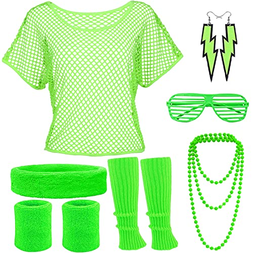 YADODO 90er 80er Jahre Outfit Damen Mottoparty Netzoberteil mit Accessoires Neon Party Outfit Kostüm 80er Jahre Damen Aerobic Outfit 80er Jahre kleidung Typisch Off Shoulder Netzshirt Frauen Grün von YADODO