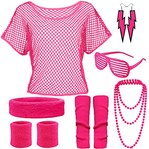 YADODO 90er 80er Jahre Outfit Damen Netzoberteil Accessoire Off Shoulder Netzshirt 80erJahre Kleidung 80iger Schlagerparty Bad Taste Frauen Neon Party (Rosa) von YADODO