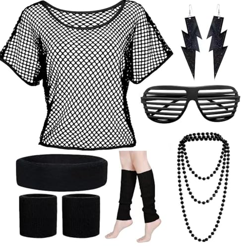 YADODO 90er 80er Jahre Outfit Damen Netzoberteil mit Neon Accessoire Off Shoulder Netzshirt 80erJahre Kleidung Damen 80iger Schlagerparty Bad Taste Outfit Frauen Neon Party Schwarz von YADODO