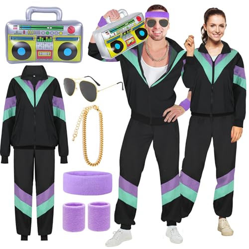 YADODO 90er 80er Jahre Outfit Herren Damen Trainingsanzug Jacke Hose Anzug 80er Accessoire 80er Jahre Kleidung Herren New Kids Kostüm 80iger Schlagerparty Bad Taste Outfit Paare Karneval (S) von YADODO