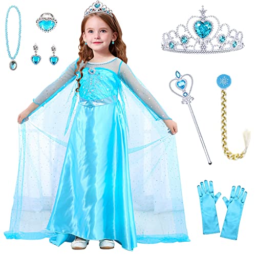 YADODO Elsa Kostüm Kinder Mädchen 116 122 Prinzessin Kleid Eiskönigin Mit Krone Diadem Handschuhe Zauberstab für Weihnachten Karneval Geburtstag Party 130cm von YADODO