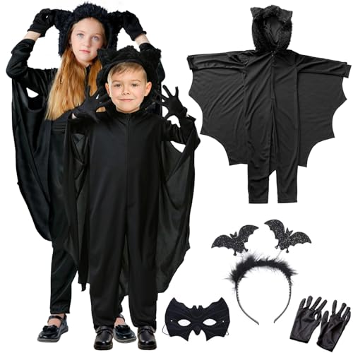 YADODO Fledermaus Kostüm Kinder Mädchen Jungen 116 122 mit Fledermaus Maske Haarreif Handschuhen Halloween Kostüm Kinder Fledermaus Umhang Kinder Fledermaus Flügel Vampir kostüm Jumpsuit Kinder von YADODO