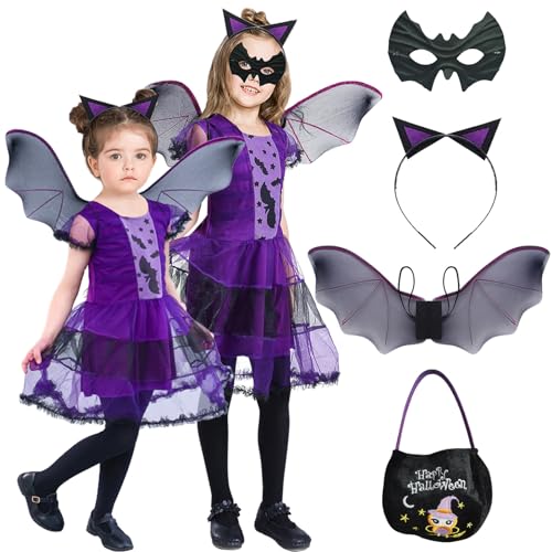 YADODO Fledermaus Kostüm Mädchen 122 128134 Fledermaus Kostüm Kinder mit Flügel kinder Maske Handtasche Haarreif Fledermaus Tutu kleid Mädchen Halloween Kostüm Fledermaus Hexe Kostüm Kinder Mädchen von YADODO