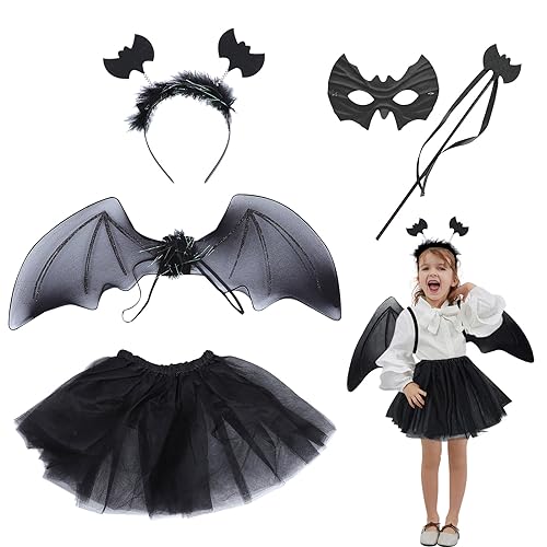 YADODO Halloween Fledermaus Kostüm Kinder Set mit Fledermaus Flügel Kinder Tutu Rock Maske Haarreif Zauberstab Vampir Fledermaus kostüm Mädchen für Halloween Kostüm Kinder Fledermaus Cosplay (Schwarz) von YADODO