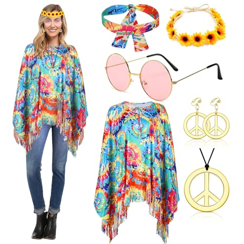 YADODO Hippie Kostüm Damen Poncho Set mit Hippie Accessoires 60er 70er Jahre Bekleidung Damen Frau Hippie Kleidung Damen Boho Flower Power 70er Mode Disco Outfit Damen Faschingskostüme Hippie Hippi von YADODO