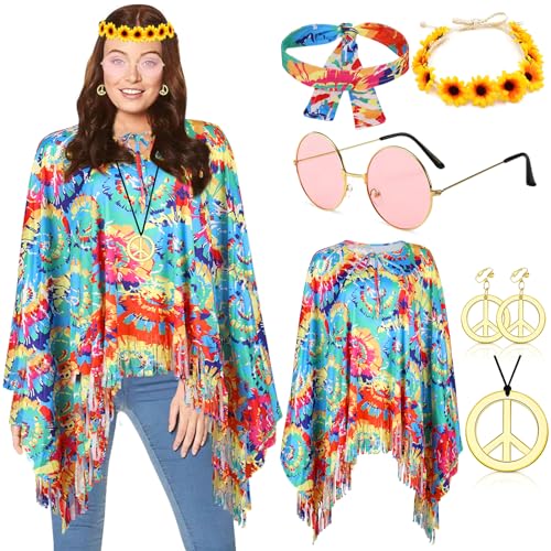 YADODO Hippie Kostüm Damen Poncho Set mit Hippie Accessoires 60er 70er Jahre Bekleidung Damen Frau Hippie Kleidung Damen Boho Flower Power 70er Mode Disco Outfit Damen Faschingskostüme Hippie Hippi von YADODO