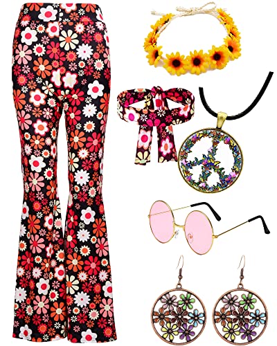 Hippie Kostüm Damen Set Hippie Schlaghose Bunt Hippie Peace Kette Brille Stirnband 60er 70er Jahre Mode Outfit Party Boho Hippie kleidung Damen Hosen Flower Power 70er Jahre Bekleidung Frau (L) von YADODO