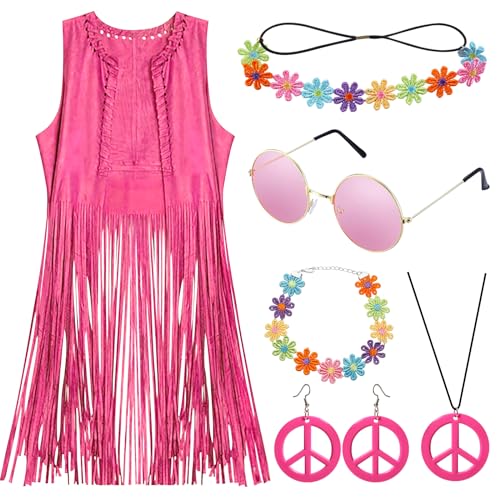 YADODO Hippie Kostüm Damen Weste Set Kleidung Zubehör Bolero Vintage Rosa 60er 70er Bekleidung Outfit Disco Braun Fransenweste Faschingskostüme Karneval L von YADODO