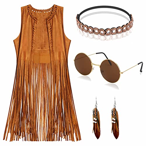 YADODO Hippie Kostüm Damen Set Fransen ärmellos Weste Hippie Kleidung 60er 70er Jahre Bekleidung Damen Mädchen Disco Outfit Cowgirl Kostüm Braun Weste Bolero Karneval Faschingskostüme Frauen XS von YADODO