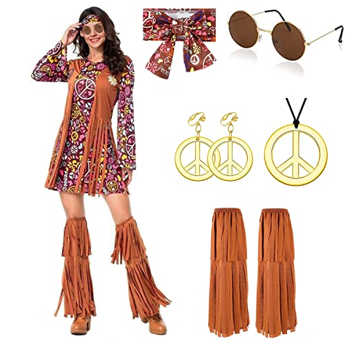 YADODO Hippie Kostüm Damen Kleid Set 70er Jahre Bekleidung Damen 70er Jahre Kostüm Damen FaschingsKostüm kleid Damen Mädchen 60er 70er Disco Halloween Outfits Hippie kleidung Damen (L) von YADODO