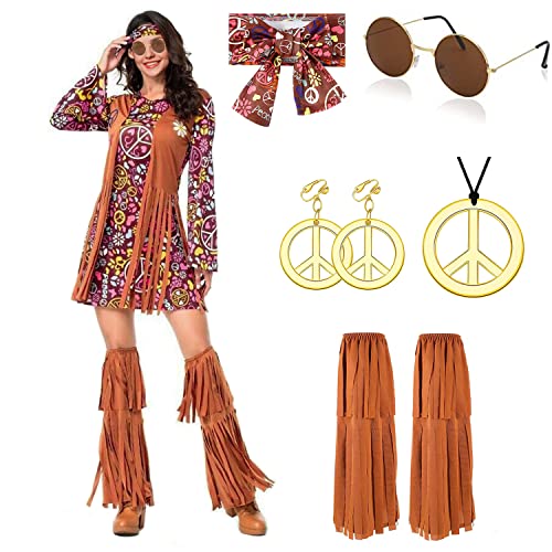 Hippie Kostüm Damen Kleid Set mit Hippie Accessoires 70er Jahre Bekleidung Damen FaschingsKostüm kleid Damen Frau 60er 70er Jahre Kostüm Damen Kleid Disco Outfits Karneval Hippie kleidung Damen (M) von YADODO