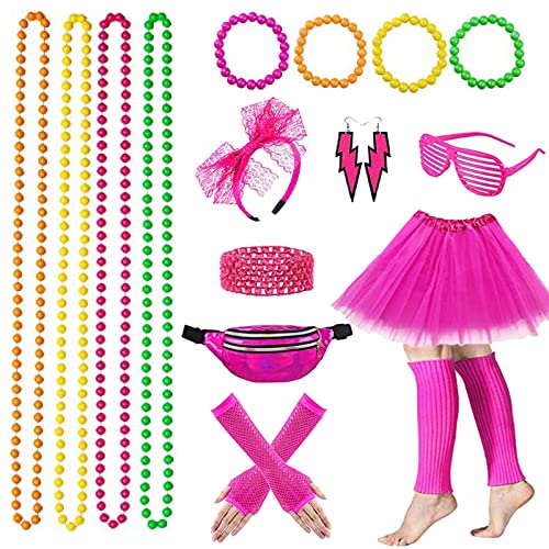 YADODO Kostüm für Damen, 80er Jahre, Neon, Tutu, Neon-Tasche, Brille, Haarband, Halsketten, Armbänder, Beine, Ohrringe 80er 90er Jahre, Verkleidung für Damen und Kinder, Party, Abend von YADODO