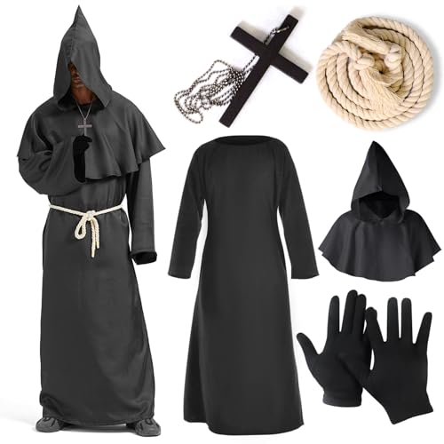 YADODO Mönch Kostüm Herren mit Kapuze Priester kostüm Herren Kirche Halloween Kostüm Priester Mönch Robe Gewand Mittelalter Renaissance Robe Mönchskutte Schwarz für Herren Halloween Mottoparty XL YADODO Mönch Kostüm Herren mit Kapuze Priester kostüm Herren Kirche Halloween Kostüm Priester Mönch Robe Gewand Mittelalter Renaissance Robe Mönchskutte Schwarz für Herren Halloween Mottoparty XL von YADODO