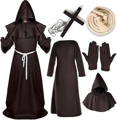 YADODO Mönch-Kostüm für Erwachsene, Herren, Mönchskostüm, Priester, Cape mit Kapuze, mit Kreuz, Gürtel, Priester, Halloween-Kostüm, Herren, mittelalterliches Mönchskostüm für Halloween (Braun, L) YADODO Mönch-Kostüm für Erwachsene, Herren, Mönchskostüm, Priester, Cape mit Kapuze, mit Kreuz, Gürtel, Priester, Halloween-Kostüm, Herren, mittelalterliches Mönchskostüm für Halloween (Braun, L) von YADODO