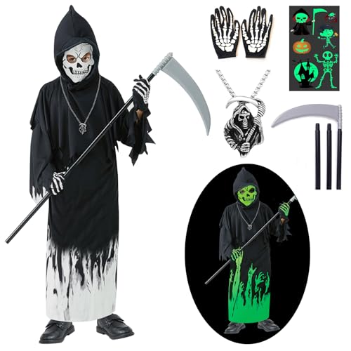 YADODO Sensenmann Kostüm Kinder 7-9 Jahre Halloween Kostüm Sensenmann Kinder mit Sichel Halloween Handschuhe Schwarzer Umhang Sensenmann Grim Reaper Kostüm für Halloween Karneval Skelett Kostüm (M) YADODO Sensenmann Kostüm Kinder 7-9 Jahre Halloween Kostüm Sensenmann Kinder mit Sichel Halloween Handschuhe Schwarzer Umhang Sensenmann Grim Reaper Kostüm für Halloween Karneval Skelett Kostüm (M) von YADODO