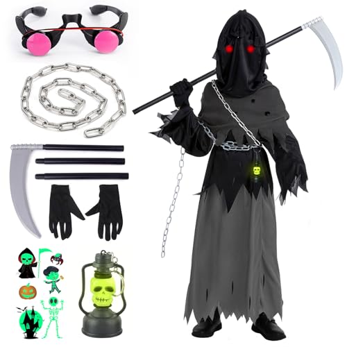 YADODO Sensenmann Kostüm Kinder Junge 152 158 164 Gruselig Halloween Kostüm Kinder Sensenmann Umhang mit Sense Kapuze Ketten Sonnenbrille Aufkleber Scream Reaper Kostüm Sensenmann Kinder für Halloween YADODO Sensenmann Kostüm Kinder Junge 152 158 164 Gruselig Halloween Kostüm Kinder Sensenmann Umhang mit Sense Kapuze Ketten Sonnenbrille Aufkleber Scream Reaper Kostüm Sensenmann Kinder für Halloween von YADODO
