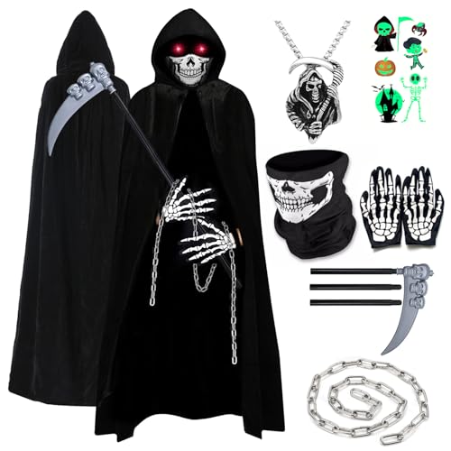 YADODO Sensenmann Kostüm Kinder Jungen Mädchen 5-6 6-7 mit Sense Kette Skelett Maske Gruseliges Halloween Schrei Tod Kostüm Sensenmann Umhang Umhang Umhang Outfit Kinder mit Kapuze Schwarz für Jungen YADODO Sensenmann Kostüm Kinder Jungen Mädchen 5-6 6-7 mit Sense Kette Skelett Maske Gruseliges Halloween Schrei Tod Kostüm Sensenmann Umhang Umhang Umhang Outfit Kinder mit Kapuze Schwarz für Jungen von YADODO