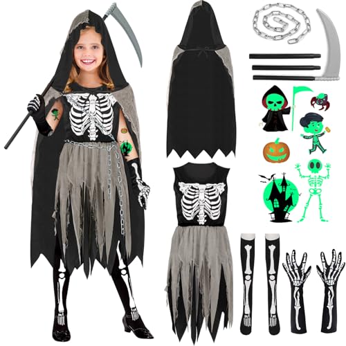 YADODO Sensenmann-Kostüm für Kinder, Mädchen, 10–12 Jahre, mit Sensenkette, Handschuhen, Beinärmeln, gruseliges Halloween-Kostüm für Mädchen, Totenkopf, Zombie-Skelett, Todeskostüm für Kinder YADODO Sensenmann-Kostüm für Kinder, Mädchen, 10–12 Jahre, mit Sensenkette, Handschuhen, Beinärmeln, gruseliges Halloween-Kostüm für Mädchen, Totenkopf, Zombie-Skelett, Todeskostüm für Kinder von YADODO