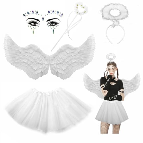 YADODO Weißer Engel Damen Mädchen mit Engelsflügeln Weiß Erwachsene Tutu Weiß Haarreif Engel Zauberstab Kostüm Engel Damen Mädchen für Halloween Karneval (weiß) von YADODO