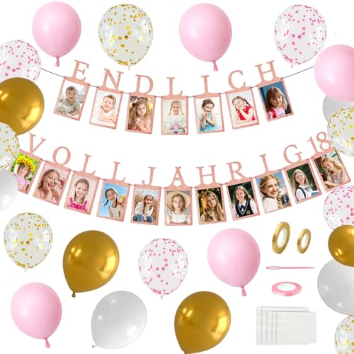 18. Geburtstag Mädchen Deko, ENDLICH VOLLJÄHRIG 18 Fotogirlande, Deko 18. Geburtstag Mädchen, 18. Geschenke Foto Banner, Enthält 20 Ballons + 18 Glitzerkarten, Geschenke zum 18 Mädchen von YAEGIMHT