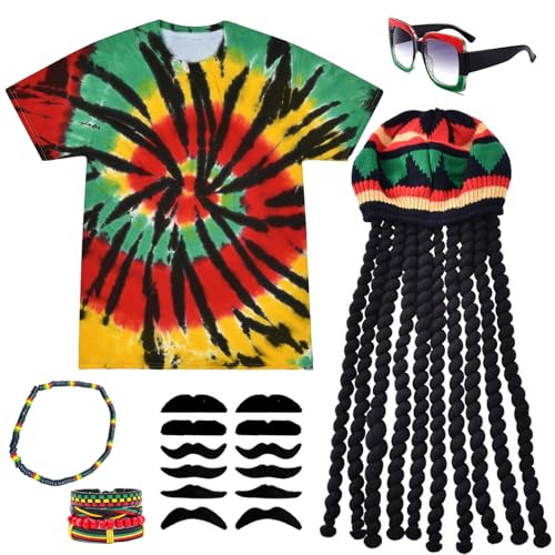 YAEGIMHT 6-Teiliges Rasta Kostüm Set, Rasta Kleidung, Reggae Outfit,Dreadlocks Perücke, T-Shirt, Geflochtenes Armband, Brille, Halskette, Falscher Bart, Geeignet für Halloween und Cosplay von YAEGIMHT