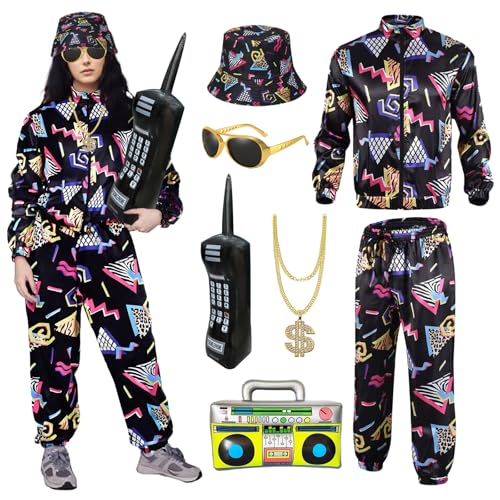 YAEGIMHT 80er Jahre Outfit Herren, 7 Pcs Trainingsanzug Kostüm Jogginganzug Bedruckter Anzug + bedruckter Hut + Halskette + Sonnenbrille + Aufblasbares Telefonund Lautsprecher für Karneval Partys(L) YAEGIMHT 80er Jahre Outfit Herren, 7 Pcs Trainingsanzug Kostüm Jogginganzug Bedruckter Anzug + bedruckter Hut + Halskette + Sonnenbrille + Aufblasbares Telefonund Lautsprecher für Karneval Partys(L) von YAEGIMHT