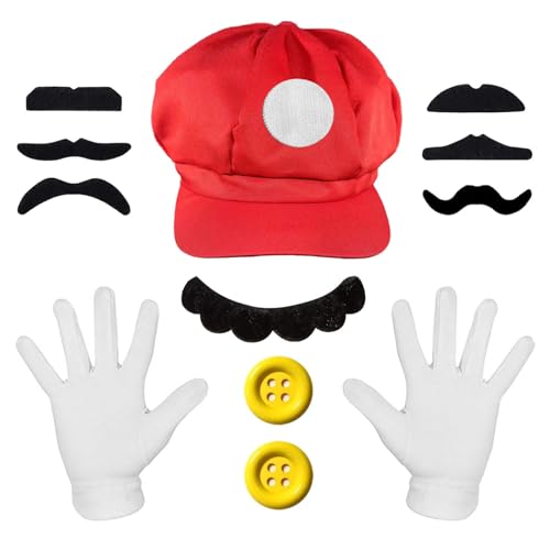 YAHUNI Bros Mario und Luigi Kostüm Accessories Karneval Kostüm Mütze Hut Handschuhe Bart Gelbe Knöpfe, für Fasching Karneval Halloween Mottoparty Cosplay Kostüm für Kinder Damen Herren von YAHUNI