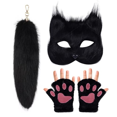 YAIZLBCA Therian Maske und Schwanz Schlüsselanhänger Paw Fingerlose Plüsch Handschuhe Set Halloween Katze Maske Schwanz Cosplay Fuchsmaske Wolfsschwanz, Schwarz, Einheitsgre von YAIZLBCA