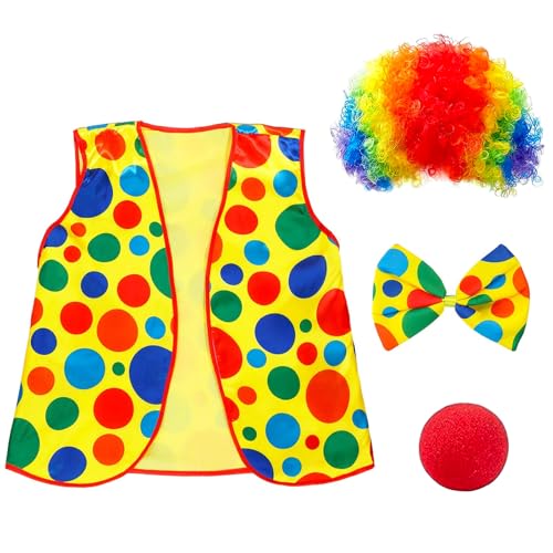 4 Stück Clown Kostüm Accessoire mit Clown Perücke, Clown Weste Kinder, Clown Fliege, Rot Clown Nase, Faschingskostüme für Kinder Erwachsene Halloween Cosplay Zirkusshow Karneval Kostüm Zubehör von YAJIMAOY