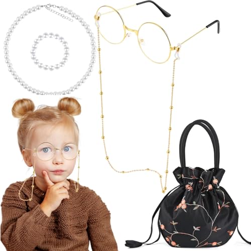 5 Stück Großmutter Cosplay Zubehör Set, mit Bestickte Klein Handtasche, Perlenkette Damen, Perlenarmband Damen, Oma Brille, Brillenkette Damen, für Mädchen Halloween Karneval Mottoparty Deko (A) von YAJIMAOY
