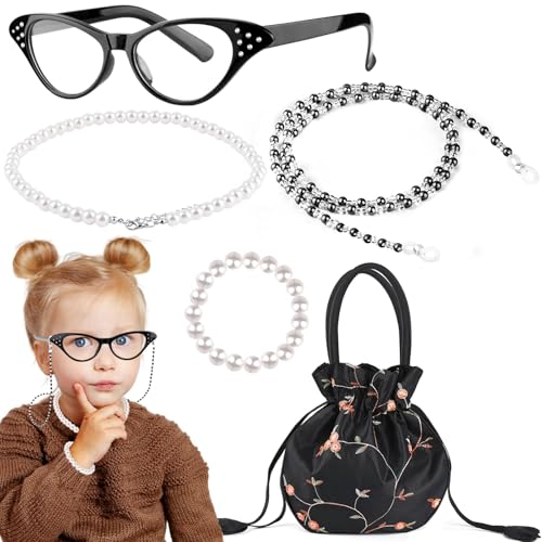 5 Stück Großmutter Cosplay Zubehör Set, mit Bestickte Klein Handtasche, Perlenkette Damen, Perlenarmband Damen, Oma Brille, Brillenkette Damen, für Mädchen Halloween Karneval Mottoparty Deko (B) von YAJIMAOY